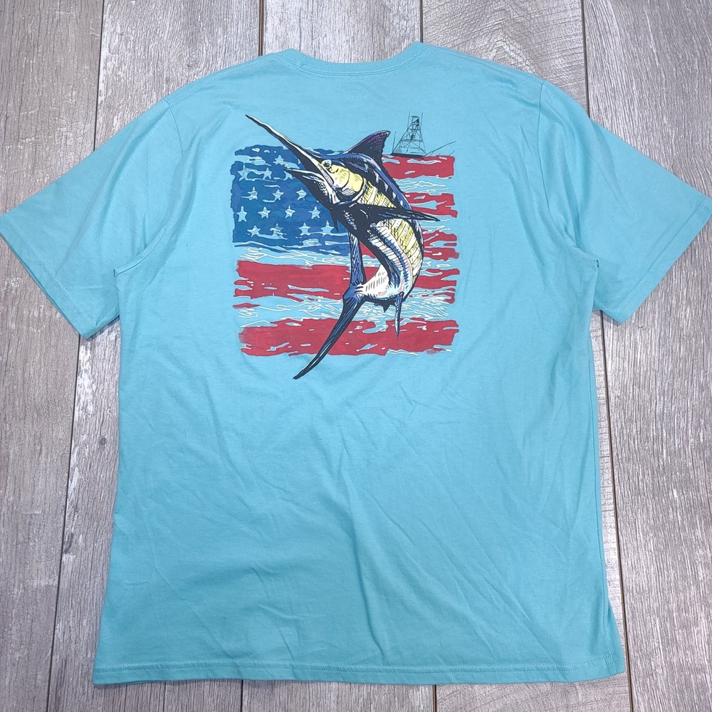 Huk T-Shirt Mens XL Blue Marlin American Flag Graphic Short Sleeve Tee